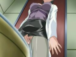 Rule 34 | 00s, 1girl, animated, anime screenshot, anus, bathroom, bible black, bible black only, closed eyes, covered erect nipples, earrings, female ejaculation, grabbing, grabbing own breast, jewelry, lab coat, lowres, masturbation, minase yukiko, open mouth, orgasm, pubic hair, public bathroom, restroom, screencap, solo, sound, sweat, thighhighs, trembling, uncensored, video, wide hips