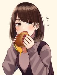 Rule 34 | 1girl, black dress, blush, bob cut, brown background, brown eyes, brown hair, brown sweater, burger, commentary request, dress, earrings, eating, food, hands up, highres, holding, holding food, jewelry, kapatarou, long sleeves, looking at viewer, nail polish, open mouth, original, red nails, revision, sleeveless, sleeveless dress, sleeves past wrists, solo, sweater, translated, turtleneck, upper body
