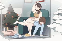 Rule 34 | 2girls, animated, animated gif, ass, black hair, blush, bottomless, brown hair, christmas tree, couch, eingyeo, closed eyes, long hair, multiple girls, original, slap mark, snowing, spanked, spanking