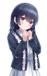 Rule 34 | 1girl, alternate hairstyle, black hair, black jacket, blush, clenched hands, closed mouth, cowboy shot, dot nose, dress, flat chest, hair between eyes, hands up, highres, idolmaster, idolmaster shiny colors, jacket, jadeqilin, long sleeves, looking at viewer, morino rinze, open clothes, open jacket, red eyes, short hair, simple background, solo, standing, upper body, white background, white dress