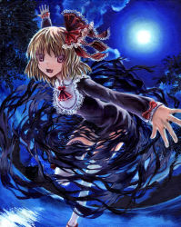 Rule 34 | 1girl, ascot, blonde hair, cloud, darkness, dress, fang, fisheye, foreshortening, full moon, hair ribbon, kabaji, long sleeves, looking at viewer, moon, night, oil painting (medium), open mouth, outdoors, outstretched arms, painting (medium), red eyes, reflection, ribbon, rumia, short hair, solo, spread arms, thighhighs, touhou, traditional media, water, white thighhighs