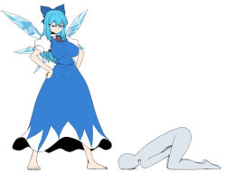 Rule 34 | 1boy, 1girl, barefoot, blue dress, blue eyes, blue hair, bow, breasts, cirno, dress, faceless, faceless male, femdom, flat color, hair bow, hands on own hips, ice, ice wings, large breasts, long dress, long hair, aged up, pain, solo focus, spacezin, top-down bottom-up, touhou, tsurime, wings