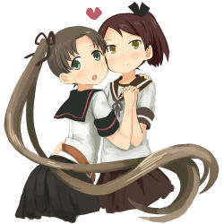 Rule 34 | 10s, 2girls, abe kanari, ayanami (kancolle), belt, brown hair, brown skirt, cheek-to-cheek, green eyes, holding hands, hand on another&#039;s shoulder, heads together, heart, interlocked fingers, kantai collection, looking at viewer, multiple girls, open mouth, pleated skirt, ponytail, sailor collar, school uniform, serafuku, shikinami (kancolle), side ponytail, skirt, smile, white background, yellow eyes