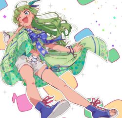 Rule 34 | 1girl, ahoge, bead bracelet, beads, blue bow, blue bowtie, blue eyes, blue footwear, blunt bangs, blush, bow, bowtie, bracelet, breasts, dot nose, earrings, floating hair, from below, full body, green hair, green shawl, green shirt, hair ornament, holding shawl, hoyaza1561, idolmaster, idolmaster million live!, idolmaster million live! theater days, idolmaster poplinks, jewelry, long hair, looking at another, medium breasts, multicolored background, multiple bracelets, musical note, navel, one eye closed, open mouth, shawl, shimabara elena, shirt, shoes, shorts, smile, solo, sparkle, thigh strap, toenails, toes, white shorts