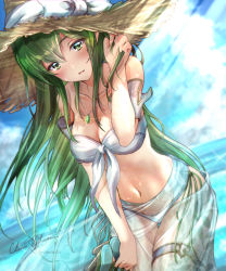 Rule 34 | 1girl, absurdres, alternate costume, bikini, blurry, blurry background, blush, breasts, clear glass (mildmild1311), cleavage, collarbone, day, detached sleeves, erinys (fire emblem), fire emblem, fire emblem: genealogy of the holy war, green eyes, green hair, hair between eyes, highres, indoors, jewelry, long hair, looking at viewer, medium breasts, navel, nintendo, open mouth, pendant, short sleeves, signature, solo, strapless, strapless bikini, summer, swimsuit, thigh gap, thigh strap, very long hair, watermark, white bikini, white sleeves