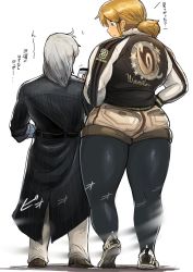 Rule 34 | 1boy, 1girl, blonde hair, blue eyes, cellphone, coat, curvy, height difference, highres, hunter rank e, jacket, long hair, original, pantyhose, pantyhose under shorts, phone, plump, short hair, short ponytail, shorts, silver hair, smartphone, thick thighs, thighs