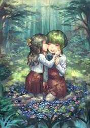 Rule 34 | 2girls, black hair, bob cut, bow, bowtie, braid, brown eyes, commentary request, day, dress, closed eyes, flower, forest, green hair, grey legwear, halterneck, hatomugi seika, highres, kantai collection, kiss, kneeling, long hair, long sleeves, multicolored hair, multiple girls, naganami (kancolle), nature, one eye closed, open mouth, outdoors, pantyhose, pink hair, round teeth, shirt, short hair, short hair with long locks, sidelocks, sleeveless, sleeveless dress, takanami (kancolle), teeth, two-tone hair, upper teeth only, white shirt, aged down