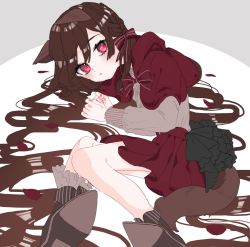 Rule 34 | 1girl, absurdres, animal ears, boots, bow, braid, brown hair, commentary request, frilled sleeves, frills, grey shirt, hair between eyes, hair bow, highres, komachi (pixiv), little red riding hood, little red riding hood (grimm), long hair, long sleeves, lying, on side, pleated skirt, red bow, red eyes, red skirt, shirt, skirt, solo, tail, very long hair, wolf ears, wolf tail