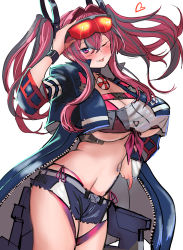 Rule 34 | 1girl, azur lane, bare shoulders, bikini, blue jacket, bow, breasts, bremerton (azur lane), commentary request, cowboy shot, crop top, duplicate, eyewear on head, from side, goggles, goggles on head, grey hair, hair between eyes, hair bow, hair ornament, hairclip, hey taisyou, highleg, highleg bikini, highres, huge breasts, jacket, large breasts, long hair, looking at viewer, multicolored hair, navel piercing, no mole, open clothes, open jacket, piercing, pink bikini, pink hair, pixel-perfect duplicate, red-tinted eyewear, streaked hair, swimsuit, tinted eyewear, tongue, tongue out, twintails, two-tone hair, two-tone shirt, x hair ornament