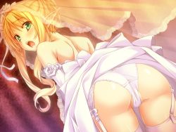 Rule 34 | 1girl, ass, bare shoulders, blonde hair, blush, bridal veil, bride, cameltoe, clothes lift, dress, dress lift, dutch angle, elf, from behind, game cg, garter belt, garter straps, green eyes, indoors, kannatsuki noboru, leaning forward, long hair, looking at viewer, looking back, looking down, open mouth, panties, pointy ears, solo, standing, surprised, thigh gap, thighhighs, underwear, veil, wedding dress, white thighhighs