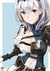 Rule 34 | 1girl, armor, bad id, bad twitter id, belt, belt buckle, black armor, black gloves, black headwear, blue collar, braid, breastplate, breasts, buckle, circlet, cleavage, cleavage cutout, closed mouth, clothing cutout, collar, dasshu, fingerless gloves, gloves, gold trim, green eyes, hololive, large breasts, looking at viewer, medium hair, mole, mole on breast, pouch, shirogane noel, shirogane noel (1st costume), shoulder armor, signature, smile, solo, utility belt, virtual youtuber, white hair, wrist guards
