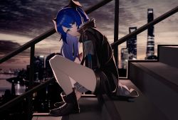 Rule 34 | 1girl, arknights, bare legs, black footwear, black jacket, black shorts, blue eyes, blue hair, boots, breasts, cityscape, commentary, cross-laced footwear, demon horns, evening, full body, fur-trimmed jacket, fur trim, hair between eyes, head tilt, highres, horns, jacket, kanero, knees up, long hair, long sleeves, looking at viewer, mostima (arknights), open clothes, river, shirt, short shorts, shorts, sitting, sitting on stairs, small breasts, smile, solo, squatting, staff, stairs, thighs