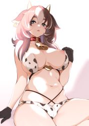 Rule 34 | 1girl, 2021, absurdres, animal ears, animal print, bare shoulders, bell, bikini, black gloves, bra, breasts, brown hair, chinese zodiac, collar, commentary request, cow ears, cow print, ear tag, eyes visible through hair, gloves, green eyes, hair between eyes, heart, heart-shaped pupils, highres, horns, large breasts, long hair, looking at viewer, multicolored hair, navel, neck bell, nipple slip, nipples, o-ring, o-ring bikini, o-ring bottom, o-ring panties, open mouth, original, panties, print bikini, realmbw, sitting, solo, swimsuit, symbol-shaped pupils, underwear, white hair