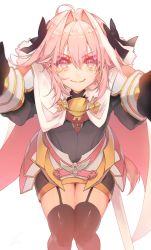 Rule 34 | 1boy, armor, armored dress, astolfo (fate), black gloves, black ribbon, cape, fate/apocrypha, fate/grand order, fate (series), garter straps, gloves, hair intakes, hair ribbon, highres, male focus, outstretched arms, pink hair, plackart, purple eyes, ribbon, saihate (d3), thighhighs, thighs, trap