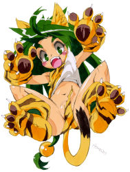 Rule 34 | 1girl, animal ears, animal hands, animal print, atorasu, bad id, bad pixiv id, blush, cat ears, cat tail, cham cham, claws, gloves, green eyes, green hair, long hair, matching hair/eyes, navel, no panties, open mouth, panties, paw gloves, samurai spirits, simple background, snk, solo, tail, tiger print, torn clothes, torn panties, underwear