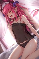 Rule 34 | 1girl, arm support, asymmetrical horns, backlighting, black camisole, black panties, blue eyes, blush, breasts, camisole, collarbone, commentary request, curled horns, curtains, dragon girl, dragon horns, dragon tail, dutch angle, elizabeth bathory (fate), elizabeth bathory (fate/extra ccc), fate/extra, fate/extra ccc, fate/grand order, fate (series), half-closed eye, highres, horns, indoors, looking at viewer, maru (maru1625), navel, nipples, on bed, one eye closed, open mouth, panties, pink hair, pointy ears, see-through, sitting, small breasts, solo, strap slip, tail, two side up, underwear, underwear only, uneven horns, wariza
