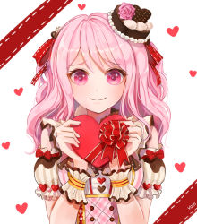 Rule 34 | 1girl, alternate hairstyle, artist name, bang dream!, box, clothing cutout, corset, ferrel (rocher 71), flower, frilled sleeves, frills, gift, hair ribbon, hands up, hat, hat flower, heart, heart-shaped box, holding, holding gift, long hair, looking at viewer, maruyama aya, pink eyes, pink flower, pink hair, pink rose, red ribbon, ribbon, rose, shirt, short sleeves, shoulder cutout, simple background, smile, solo, striped clothes, striped shirt, two side up, upper body, valentine, vertical-striped clothes, vertical-striped shirt, wavy hair, white background, wrist cuffs