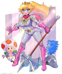 Rule 34 | 1boy, 1girl, adapted costume, alternate costume, armor, axe, belt, blonde hair, blue eyes, boots, breasts, cameltoe, crown, curvy, full body, gloves, handkerchief, hat, helmet, highres, holding, holding weapon, jewelry, large breasts, mario (series), nintendo, oomasa teikoku, open mouth, ponytail, princess peach, shoulder armor, the super mario bros. movie, toad (mario), weapon