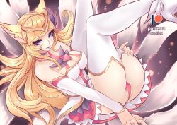 Rule 34 | 1girl, ahri (league of legends), alternate hair color, animal ears, bare shoulders, blonde hair, boots, breasts, choker, cleavage, darklux, elbow gloves, fox ears, fox girl, fox tail, full body, gloves, hair ornament, heart, high heel boots, high heels, league of legends, leg up, looking at viewer, magical girl, multicolored hair, nail polish, patreon, pink hair, purple eyes, skirt, solo, star guardian (league of legends), star guardian ahri, tail, thigh boots, thighhighs, two-tone hair