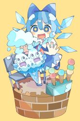 Rule 34 | + +, 1girl, absurdres, baron (x5qgeh), blue bow, blue dress, blue eyes, blue footwear, blue hair, blush, bow, cirno, creatures (company), crossover, detached wings, dress, fairy, food, game freak, gen 5 pokemon, hair between eyes, hair bow, highres, ice, ice cream, ice wings, nintendo, open mouth, pokemon, pokemon (creature), shirt, shoes, short hair, short sleeves, simple background, smile, solo, touhou, vanilluxe, white shirt, wings, yellow background