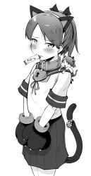 Rule 34 | absurdres, animal ears, animal hands, blush, cat ears, cat paws, cat tail, character request, check character, collar, commentary request, fairy (kancolle), greyscale, hair ribbon, headband, highres, kantai collection, long hair, monochrome, pleated skirt, ponytail, ribbon, sailor collar, school uniform, serafuku, shikinami (kancolle), short sleeves, skirt, tail, yonemiya inaho