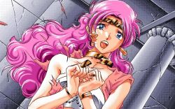 Rule 34 | 1girl, aisur, aisur (hercequary), armband, artist request, blue eyes, bra, broken, dutch angle, earrings, fighting game, fracture, game cg, headband, hercequary, jewelry, lots of jewelry, necklace, open mouth, pc-98 (style), pc98, pink hair, ring, solo, stone pillar, stone wall, tearing clothes, torn clothes, underwear, wall, white bra