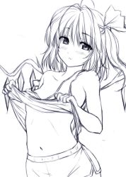 Rule 34 | 1girl, bare arms, bare shoulders, blush, breasts, clothes lift, collarbone, commentary request, cowboy shot, crystal, flandre scarlet, greyscale, hair between eyes, hair ribbon, lifted by self, long hair, looking at viewer, monochrome, navel, no headwear, nori tamago, one side up, parted lips, ribbon, shirt lift, short shorts, shorts, simple background, sketch, small breasts, solo, stomach, strap slip, tank top, touhou, unfinished, white background, wings