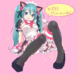 Rule 34 | 1girl, :p, animal ears, arm support, bow, bowtie, cat ears, gloves, green eyes, green hair, hatsune miku, hekopon, highres, long hair, matching hair/eyes, polka dot, polka dot background, sitting, skirt, solo, thighhighs, tongue, tongue out, twintails, vocaloid