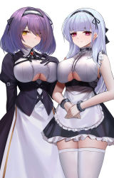 Rule 34 | 2girls, apron, azur lane, bare shoulders, black dress, black hairband, black skirt, blunt bangs, blush, bracelet, breasts, closed mouth, clothing cutout, corset, dido (azur lane), dress, earrings, eternity (pixiv8012826), eyes visible through hair, frilled skirt, frills, gloucester (azur lane), hair over one eye, hairband, hand on own chest, highres, jewelry, juliet sleeves, large breasts, long sleeves, looking at viewer, miniskirt, multiple girls, own hands together, pink eyes, puffy sleeves, purple hair, shirt, short hair, silver hair, simple background, skindentation, skirt, sleeveless, sleeveless shirt, smile, thighhighs, two-tone background, underboob, underboob cutout, v-shaped eyebrows, waist apron, white apron, white background, white legwear, white shirt, yellow eyes, zettai ryouiki