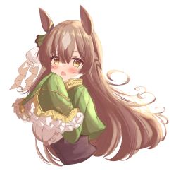 Rule 34 | 1girl, absurdres, animal ears, blush, braid, breasts, brown eyes, brown hair, commentary request, commission, cropped jacket, cropped torso, green jacket, hair between eyes, half updo, hands up, highres, horse ears, jacket, kanti15, long hair, long sleeves, looking at viewer, medium breasts, open mouth, satono diamond (umamusume), shirt, simple background, sleeves past fingers, sleeves past wrists, solo, umamusume, upper body, very long hair, white background, white shirt