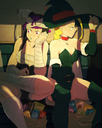 Rule 34 | 2girls, alternate costume, bandages, blonde hair, blue eyes, boots, braid, breasts, cammy white, capcom, choker, commentary, commentary request, drill hair, elbow gloves, gloves, green leotard, halloween costume, han juri, hat, highleg, highleg leotard, highres, knee boots, large breasts, leotard, long hair, multiple girls, purple eyes, purple hair, red choker, strapless, strapless leotard, street fighter, street fighter v, twin drills, witch hat, yuenibushi