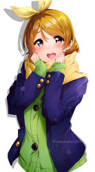 Rule 34 | 1girl, :d, absurdres, blonde hair, blue jacket, blush, bow, cardigan, green cardigan, hair between eyes, hair bow, hair intakes, highres, jacket, koizumi hanayo, long sleeves, looking at viewer, love live!, love live! school idol project, medium hair, nakano maru, open clothes, open jacket, open mouth, red eyes, scarf, simple background, sleeves past wrists, smile, solo, twitter username, white background, yellow bow, yellow scarf