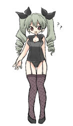 Rule 34 | 1girl, ?, ??, alternate costume, anchovy (girls und panzer), arm behind back, black footwear, black leotard, black ribbon, black thighhighs, brown eyes, cleavage cutout, clothing cutout, commentary, drill hair, fishnet thighhighs, fishnets, garter straps, girls und panzer, green hair, hair ribbon, highres, leotard, lingerie, long hair, looking at viewer, open mouth, ri (qrcode), ribbon, shoes, simple background, sleeveless, smile, solo, standing, sweatdrop, thighhighs, twin drills, twintails, underwear, white background