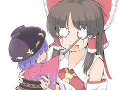 Rule 34 | 2girls, ascot, blood, bow, bowl, bowl hat, brown hair, commentary request, covering another&#039;s eyes, covering own eyes, detached sleeves, finger gun, hair bow, hair tubes, hakurei reimu, hat, japanese clothes, kimono, lifting person, long hair, long sleeves, multiple girls, obi, open mouth, purple hair, puuakachan, red bow, ribbon-trimmed sleeves, ribbon trim, sarashi, sash, sidelocks, simple background, sukuna shinmyoumaru, touhou, vest, white background, wide sleeves