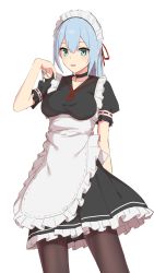 Rule 34 | 1girl, apron, black choker, blue eyes, blue hair, blue nails, blush, breasts, choker, collarbone, commentary request, dress, elfenlied22, frills, hair between eyes, hair ribbon, highres, long hair, looking at viewer, maid, maid apron, medium breasts, nail polish, original, red ribbon, ribbon, short sleeves, simple background, smile, solo, white background
