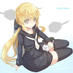 Rule 34 | 10s, 1girl, :&gt;, arm support, black thighhighs, blonde hair, blush, cat, kantai collection, long hair, long sleeves, satsuki (kancolle), school uniform, serafuku, smile, solo, sts, thighhighs, twintails, yellow eyes