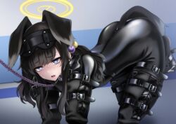 Rule 34 | 1girl, animal ears, armor, bitchsuit, black hair, blindfold, blue archive, blue eyes, blush, bodysuit, breasts, bright pupils, collar, dog ears, ears down, hair ornament, halo, hibiki (blue archive), human dog, latex, latex bodysuit, leash, long hair, looking at viewer, pet play, piddlefours, restrained, rxlindera, sidelocks, small breasts, solo, twintails