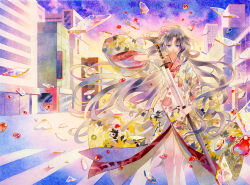 Rule 34 | 1girl, bare legs, building, city, fate/grand order, fate (series), floating, floating object, floral print, flower, glass shards, hair flower, hair ornament, highres, holding, holding sheath, holding sword, holding weapon, japanese clothes, kara no kyoukai, katana, kimono, long hair, looking at viewer, outdoors, painting (medium), pink flower, purple sky, rei (456789io), road, ryougi shiki, serious, sheath, sky, skyscraper, solo, standing, straight-on, street, sword, traditional media, unsheathing, watercolor (medium), weapon, white kimono, window