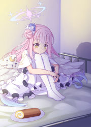 Rule 34 | 1girl, blue archive, blue flower, blue hair, cake, closed mouth, commentary request, feathered wings, flower, food, full body, hair bun, hair flower, hair ornament, halo, harada (sansei rain), highres, hugging own legs, indoors, knees up, long hair, looking away, low wings, mika (blue archive), multicolored hair, on bed, pantyhose, pink hair, plate, side bun, single hair bun, single side bun, sitting, solo, spoilers, swiss roll, two-tone hair, very long hair, white pantyhose, white wings, wings, yellow eyes