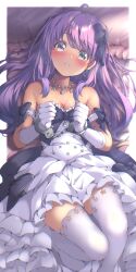 Rule 34 | 1girl, absent, absurdres, blush, breasts, cleavage, crescent, crescent earrings, crescent necklace, cuffs, dress, earrings, frilled dress, frills, gloves, green eyes, handcuffs, heterochromia, highres, himemori luna, himemori luna (4th costume), hololive, jewelry, knees up, long hair, looking at viewer, lying, medium breasts, necklace, on back, parted lips, purple hair, solo, star (symbol), star necklace, strapless, strapless dress, thighhighs, virtual youtuber, white dress, white gloves, white thighhighs