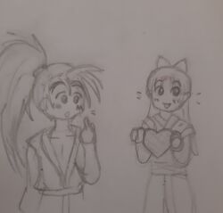 Rule 34 | 1boy, 1girl, absurdres, ainu clothes, fingerless gloves, gloves, hair ribbon, haoumaru, highres, japanese clothes, legs, long hair, monochrome, nakoruru, nervous, nervous smile, open mouth, pants, pointing, pointing at self, ponytail, ribbon, samurai spirits, sketch, smile, snk, the king of fighters, thighs, traditional media, valentine