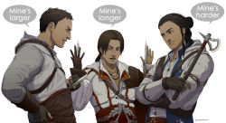 Rule 34 | 3boys, altair ibn la-ahad, armor, artist name, assassin&#039;s creed, assassin&#039;s creed (series), assassin&#039;s creed ii, assassin&#039;s creed iii, belt, blade, brown eyes, brown gloves, brown hair, commission, concealed weapon, connor kenway, english text, ezio auditore da firenze, fingerless gloves, gb (doubleleaf), gloves, hair ornament, hidden blade (assassin&#039;s creed), hood, hood down, jewelry, male focus, multiple boys, necklace, open mouth, parted lips, pauldrons, ponytail, sash, sexually suggestive, short hair, shoulder armor, signature, simple background, single glove, tomahawk, vambraces, weapon, white background