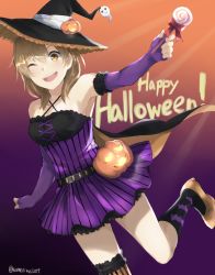 Rule 34 | 1girl, bare shoulders, breasts, brown eyes, candy, cape, dress, elbow gloves, fingerless gloves, food, gloves, half updo, happy halloween, hat, jack-o&#039;-lantern, light brown hair, lollipop, medium breasts, one eye closed, open mouth, original, purple dress, purple gloves, smile, solo, somechime (sometime1209), standing, standing on one leg, twitter username, witch hat
