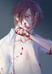 Rule 34 | 10s, 1boy, blood, blood from mouth, brown eyes, brown hair, deme (karesuki), gradient background, hair ornament, hairclip, hasegawa utsutsu, highres, male focus, nipples, open clothes, open shirt, pupa, scar, scar across eye, scar on face, shirt, short hair, solo, tongue, tongue out