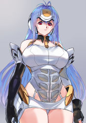 Rule 34 | 1girl, ahoge, android, asymmetrical gloves, bare shoulders, black gloves, blue hair, breasts, closed mouth, collarbone, commentary request, cyborg, elbow gloves, expressionless, fingerless gloves, gloves, grey background, halterneck, headgear, highleg, highleg leotard, highres, kos-mos, large breasts, leotard, long hair, looking at viewer, microskirt, negresco, red eyes, simple background, skirt, solo, thighs, white leotard, xenosaga