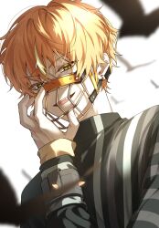 Rule 34 | 1boy, blonde hair, commentary, earrings, fingernails, green eyes, highres, hr rinn, jewelry, kick it up a notch (project sekai), long sleeves, looking at viewer, male focus, multicolored hair, muzzle, official alternate costume, open mouth, orange hair, project sekai, shinonome akito, short hair, single earring, solo, streaked hair, striped, teeth, upper teeth only