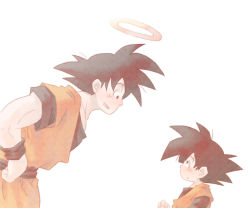 Rule 34 | 2boys, :d, :o, black eyes, black hair, close-up, dougi, dragon ball, dragonball z, father and son, halo, hand on own hip, height difference, looking at another, looking down, looking up, male focus, multiple boys, open mouth, profile, sasa (db), short hair, simple background, smile, son goku, son goten, spiked hair, standing, upper body, white background, wristband