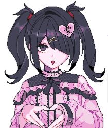Rule 34 | 1girl, :o, alternate costume, ame-chan (needy girl overdose), black hair, black ribbon, chinese commentary, commentary request, frilled shirt, frills, hair ornament, hair over one eye, hands up, heart, heart hair ornament, heart hands, jirai kei, long hair, long sleeves, looking at viewer, needy girl overdose, official style, open mouth, pink shirt, pixel art, ribbon, shirt, simple background, solo, twintails, upper body, white background, x hair ornament, xiao xin wei fu