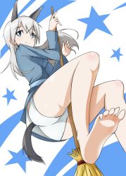 Rule 34 | 1girl, animal ears, ass, bare legs, barefoot, blue eyes, broom, eila ilmatar juutilainen, feet, from below, long hair, looking at viewer, no legwear, panties, silver hair, soles, solo, star (symbol), strike witches, tail, toes, underwear, world witches series, yumekaranigeruna