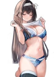 Rule 34 | 1girl, absurdres, asymmetrical hair, barefoot, blue bra, blue panties, blush, bra, braid, breasts, brown hair, cleavage, closed eyes, closed mouth, clothes lift, commentary, floral print, goddess of victory: nikke, hair intakes, hair over shoulder, hairband, highres, large breasts, lifted by self, long hair, mary (nikke), navel, panties, rehu, shirt, shirt lift, side braid, simple background, single braid, smile, solo, standing, standing on one leg, stomach, thighs, underwear, white background, white hairband, white shirt